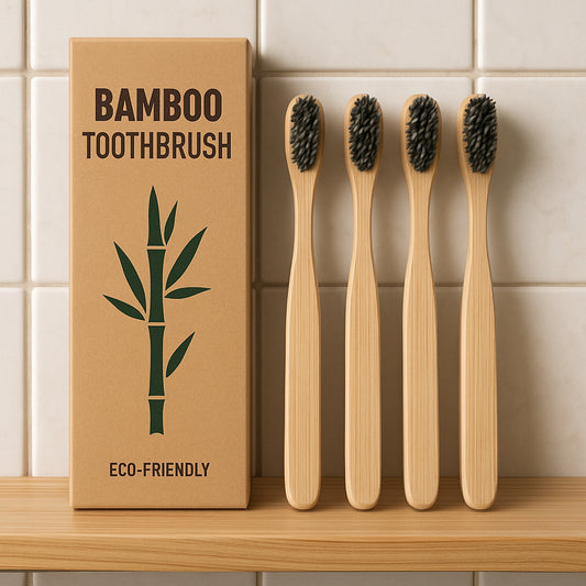 A collection of bamboo toothbrushes with charcoal bristles arranged on a wooden bathroom shelf, highlighting their eco‑friendly packaging. Alt: Affordable bamboo charcoal toothbrush set displayed on a bathroom counter
