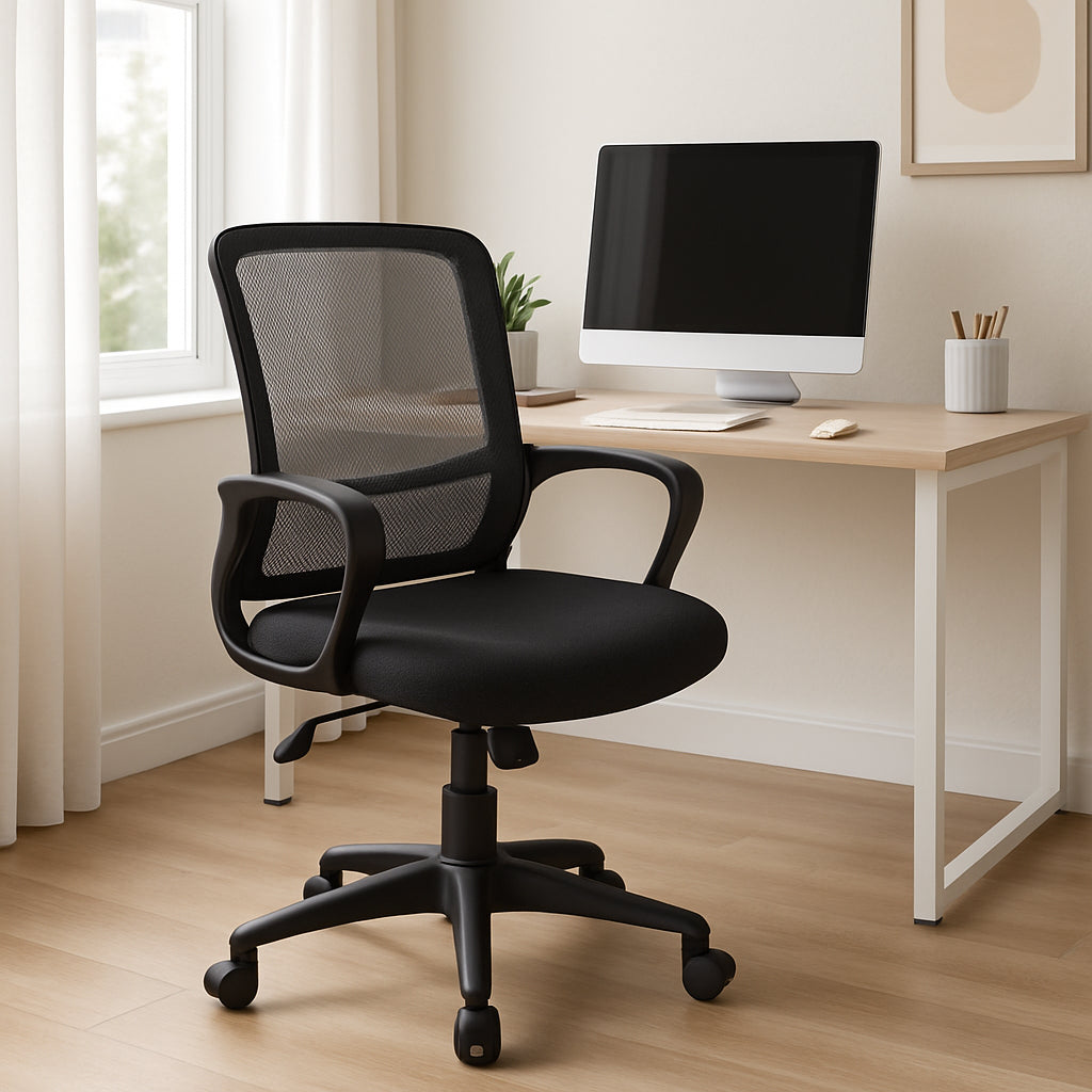 A modern home office setup with a budget-friendly ergonomic office chair, showing the mesh back and adjustable height lever. Alt: Affordable ergonomic office chair in a bright workspace
