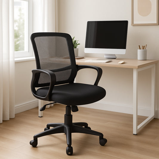 A modern home office setup with a budget-friendly ergonomic office chair, showing the mesh back and adjustable height lever. Alt: Affordable ergonomic office chair in a bright workspace