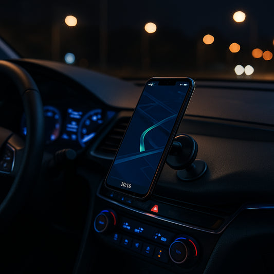 A sleek car interior with a magnetic phone mount on the dash, showing the phone at a perfect tilt angle for night driving. Alt: best affordable heavy duty magnetic phone mount for car comparison guide.