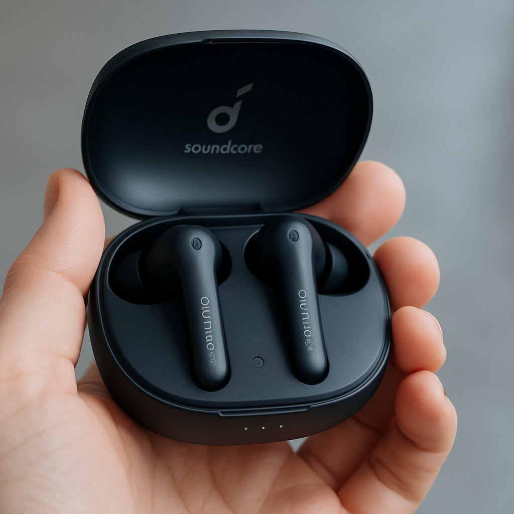 A close‑up of Anker Soundcore Life P2 earbuds in a hand, showing the charging case open with earbuds inside, soft lighting, modern tech aesthetic. Alt: Anker Soundcore Life P2 earbuds with ANC feature under $50