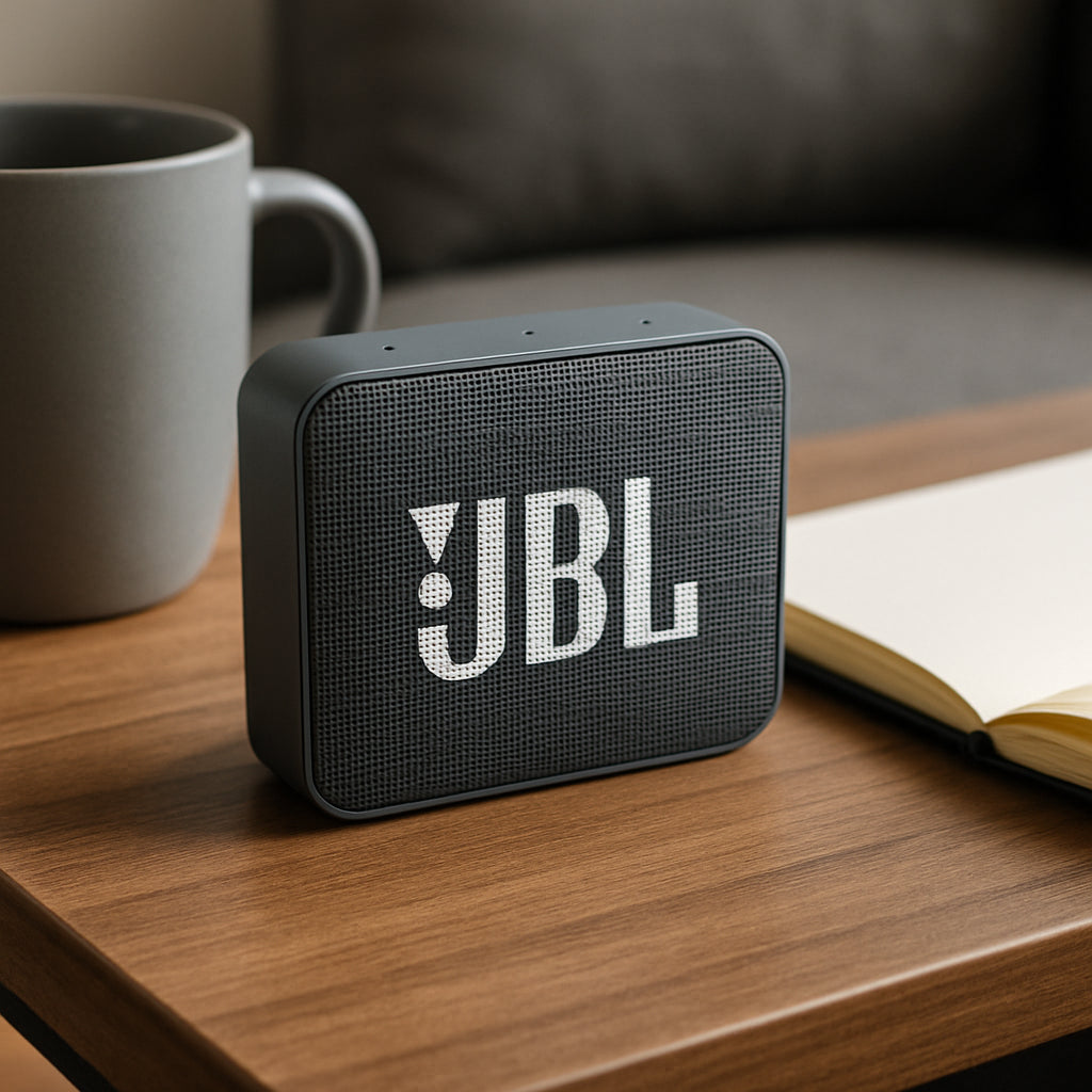 A close‑up of a JBL GO 2 speaker sitting on a coffee table, surrounded by a coffee mug and a notebook. Alt: JBL GO 2 compact Bluetooth speaker on a desk.