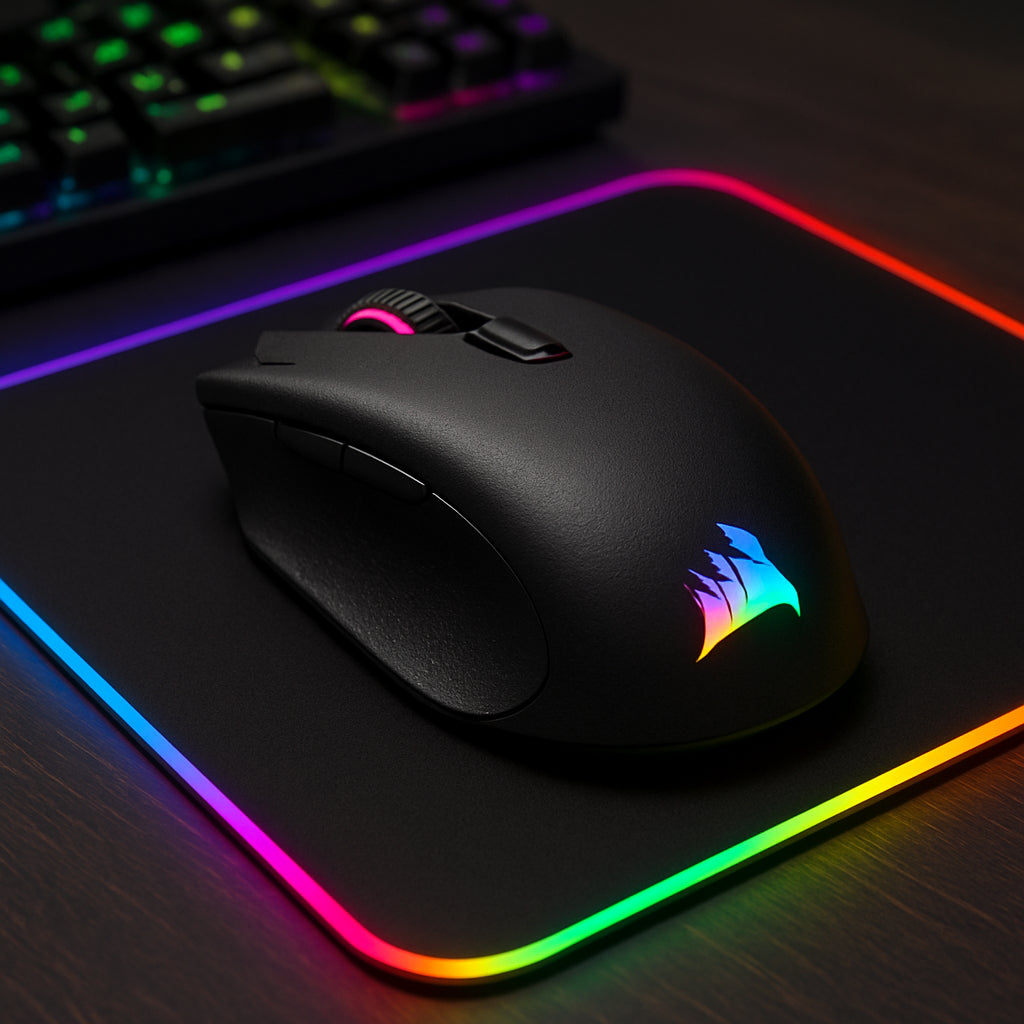 Corsair Harpoon RGB Wireless glowing on a gaming desk, showing vibrant RGB lighting. Alt: Corsair Harpoon RGB Wireless best budget gaming mouse wireless with RGB lights