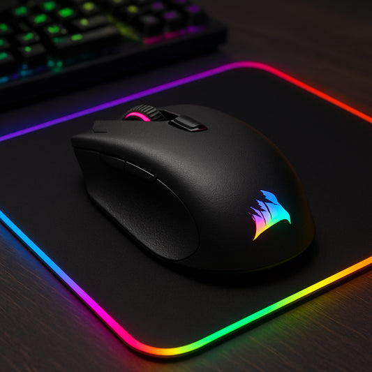 Corsair Harpoon RGB Wireless glowing on a gaming desk, showing vibrant RGB lighting. Alt: Corsair Harpoon RGB Wireless best budget gaming mouse wireless with RGB lights