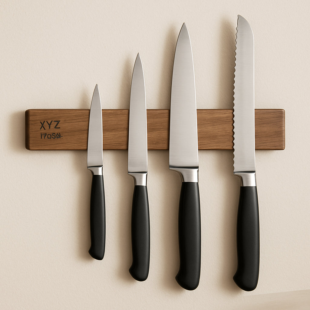 A close‑up of the XYZ Model magnetic knife rack mounted on a light‑colored kitchen wall, showing wooden strip with knives in place. Alt: Affordable magnetic knife rack for kitchen