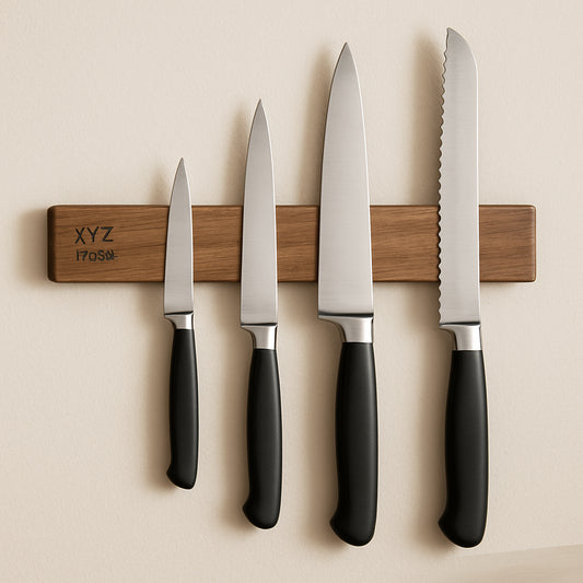 A close‑up of the XYZ Model magnetic knife rack mounted on a light‑colored kitchen wall, showing wooden strip with knives in place. Alt: Affordable magnetic knife rack for kitchen