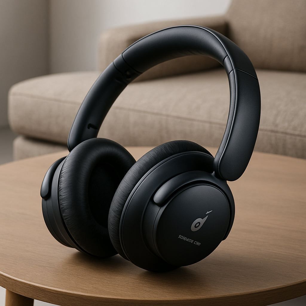 A sleek pair of Anker Soundcore Life Q30 headphones resting on a coffee table, showing the plush ear cups and soft headband. Alt: Anker Soundcore Life Q30 budget noise cancelling headphones.