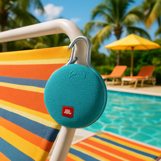 A JBL Clip 3 clipped onto a poolside lounge chair, vibrant summer setting. Alt: JBL Clip 3 waterproof Bluetooth speaker for pool parties under $30