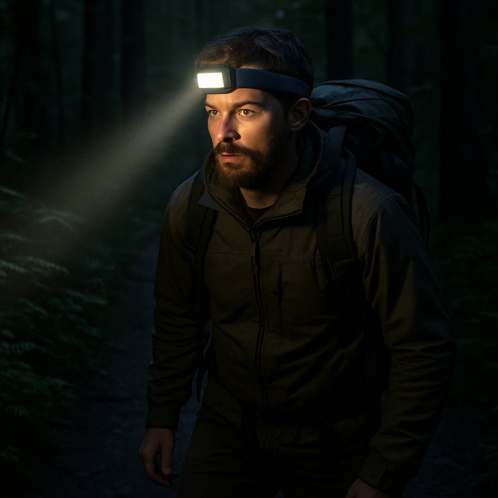 A rugged backpacker wearing a headlamp on a dimly lit forest trail at night, showing the soft silicone headband and a glowing beam illuminating the path. Alt: Best cheap rechargeable headlamp in action on a nighttime hike
