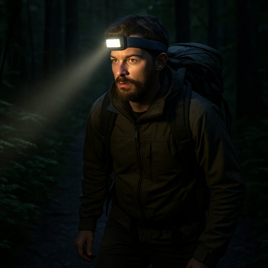 A rugged backpacker wearing a headlamp on a dimly lit forest trail at night, showing the soft silicone headband and a glowing beam illuminating the path. Alt: Best cheap rechargeable headlamp in action on a nighttime hike