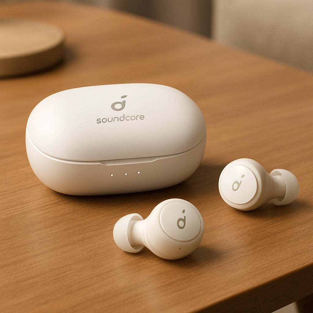 Anker Soundcore Life Dot 2 earbuds lying on a coffee table, soft lighting, showcasing the sleek white design and charging case. Alt: Anker Soundcore Life Dot 2 budget-friendly wireless earbuds with case.