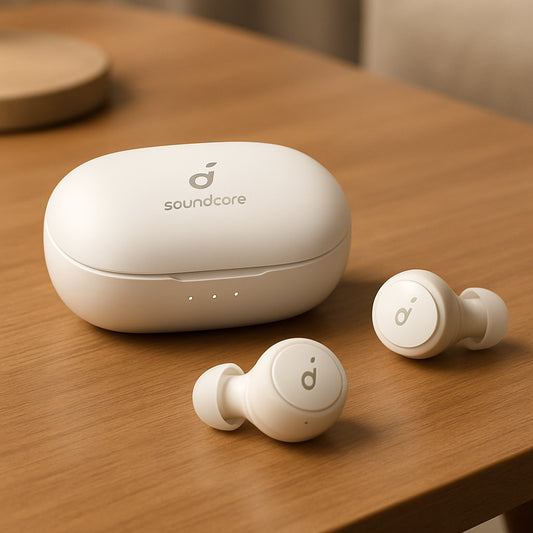Anker Soundcore Life Dot 2 earbuds lying on a coffee table, soft lighting, showcasing the sleek white design and charging case. Alt: Anker Soundcore Life Dot 2 budget-friendly wireless earbuds with case.