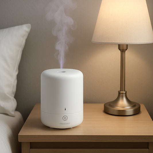 A sleek, white ultra‑quiet mini diffuser on a small nightstand next to a lamp, with a faint lavender mist rising. Alt: cheap aromatherapy diffuser for small spaces