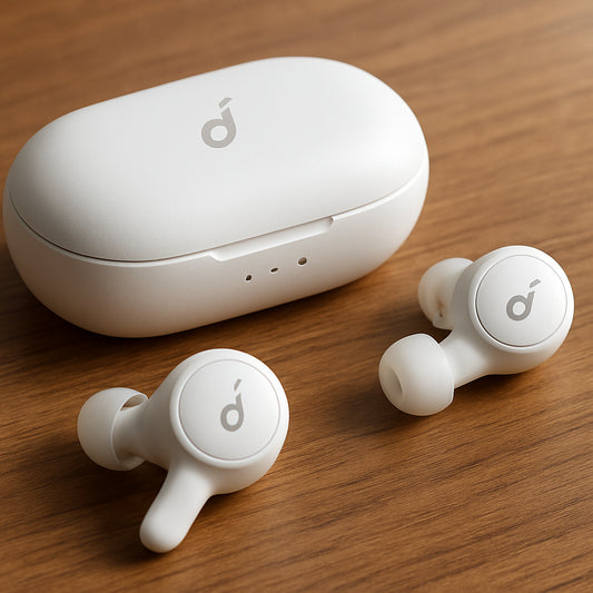 A close‑up of the Anker Soundcore Life Dot 2 earbuds resting on a wooden desk, showing the sleek white design and charging case. Alt: Anker Soundcore Life Dot 2 cheap bluetooth earbuds with case.