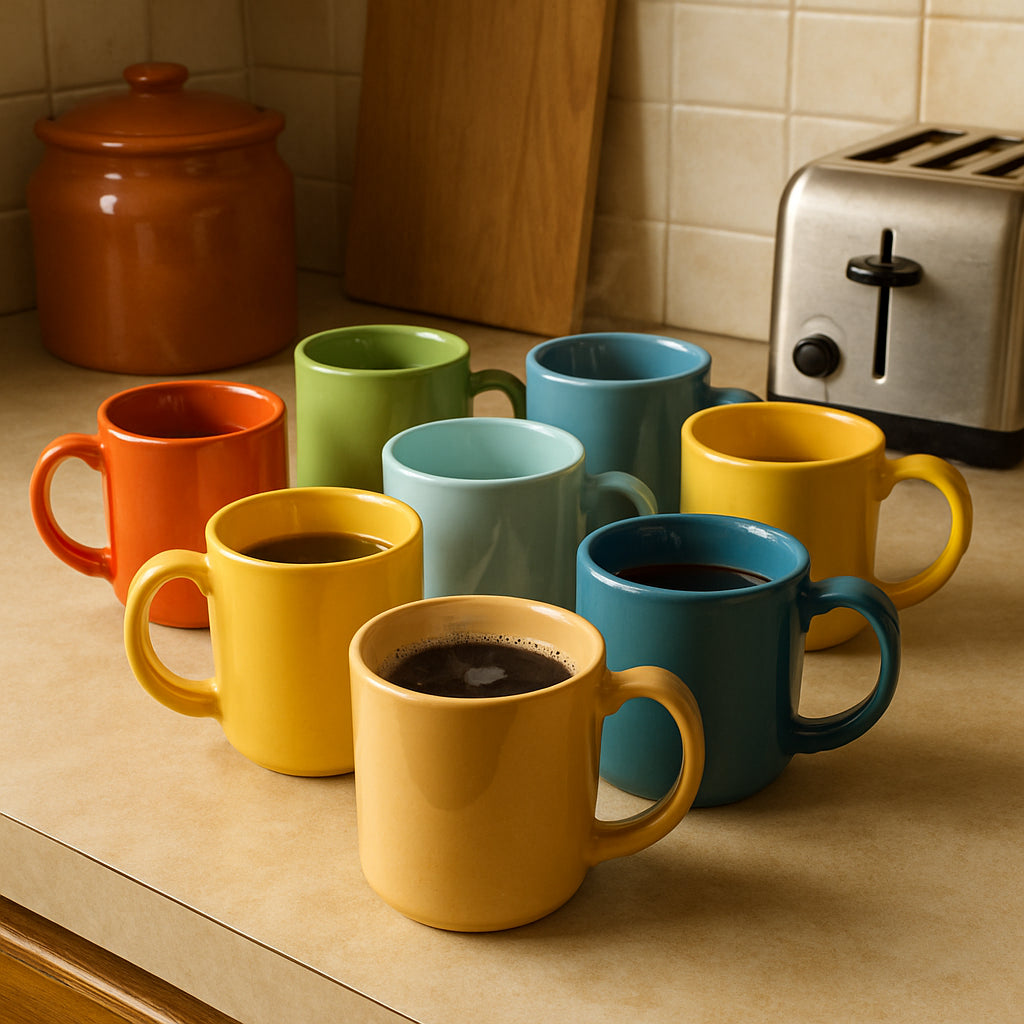A cozy kitchen countertop with an assortment of colorful cheap ceramic coffee mugs, some steaming with coffee. Alt: cheap ceramic coffee mug collection