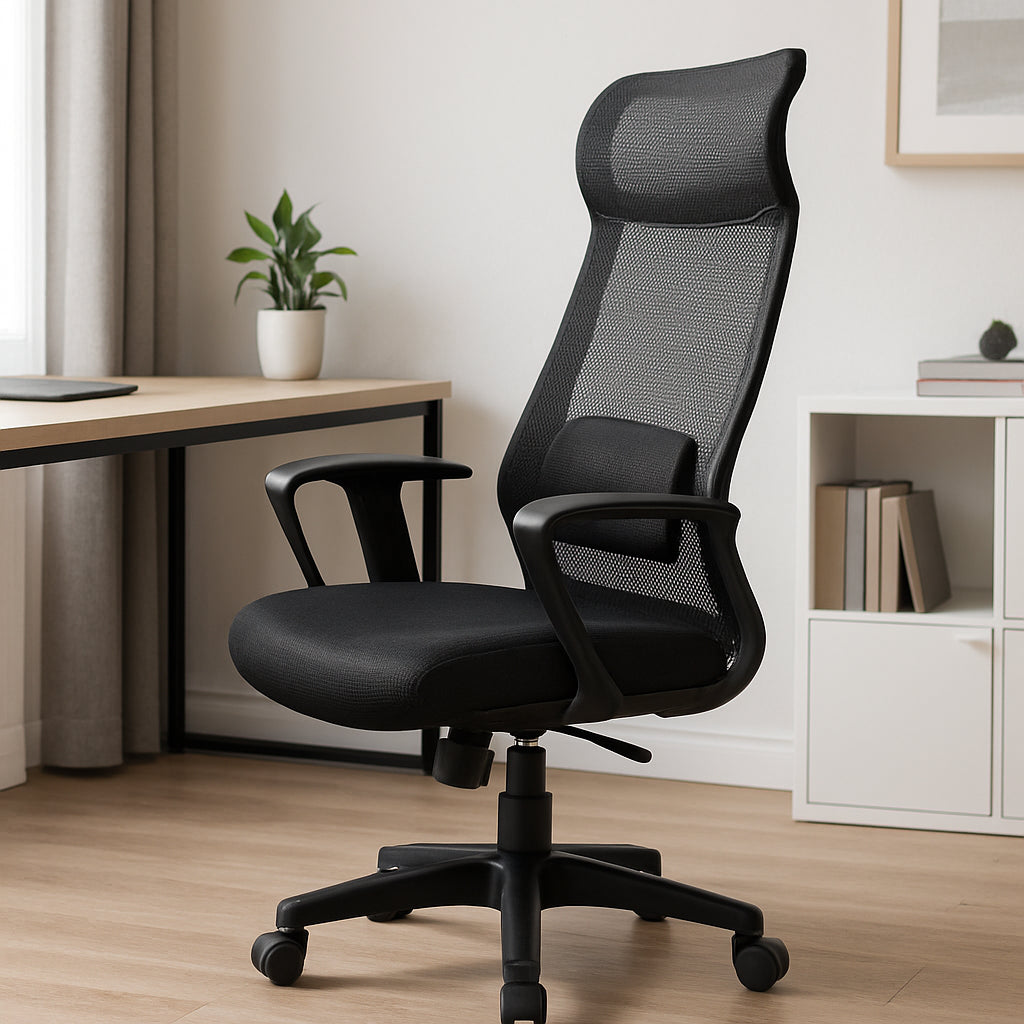 A sleek, high‑back mesh office chair with an adjustable lumbar pad, viewed from the side in a modern home office. Alt: cheap ergonomic mesh office chair with lumbar support under $100