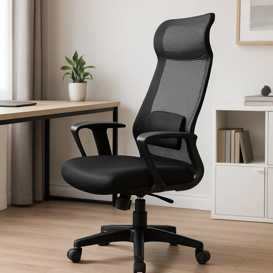 A sleek, high‑back mesh office chair with an adjustable lumbar pad, viewed from the side in a modern home office. Alt: cheap ergonomic mesh office chair with lumbar support under $100
