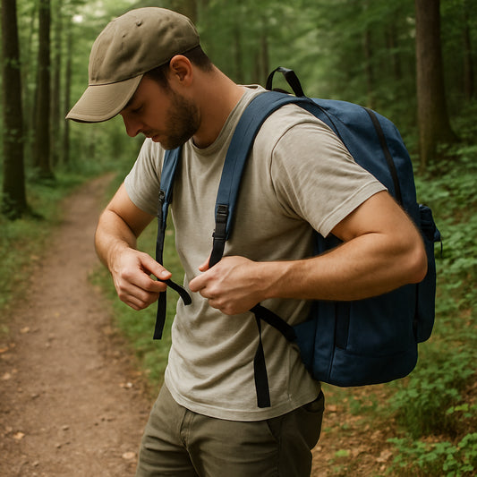 A hiker adjusting a cheap daypack on a forest trail. Alt: cheap hiking backpack on a trail
