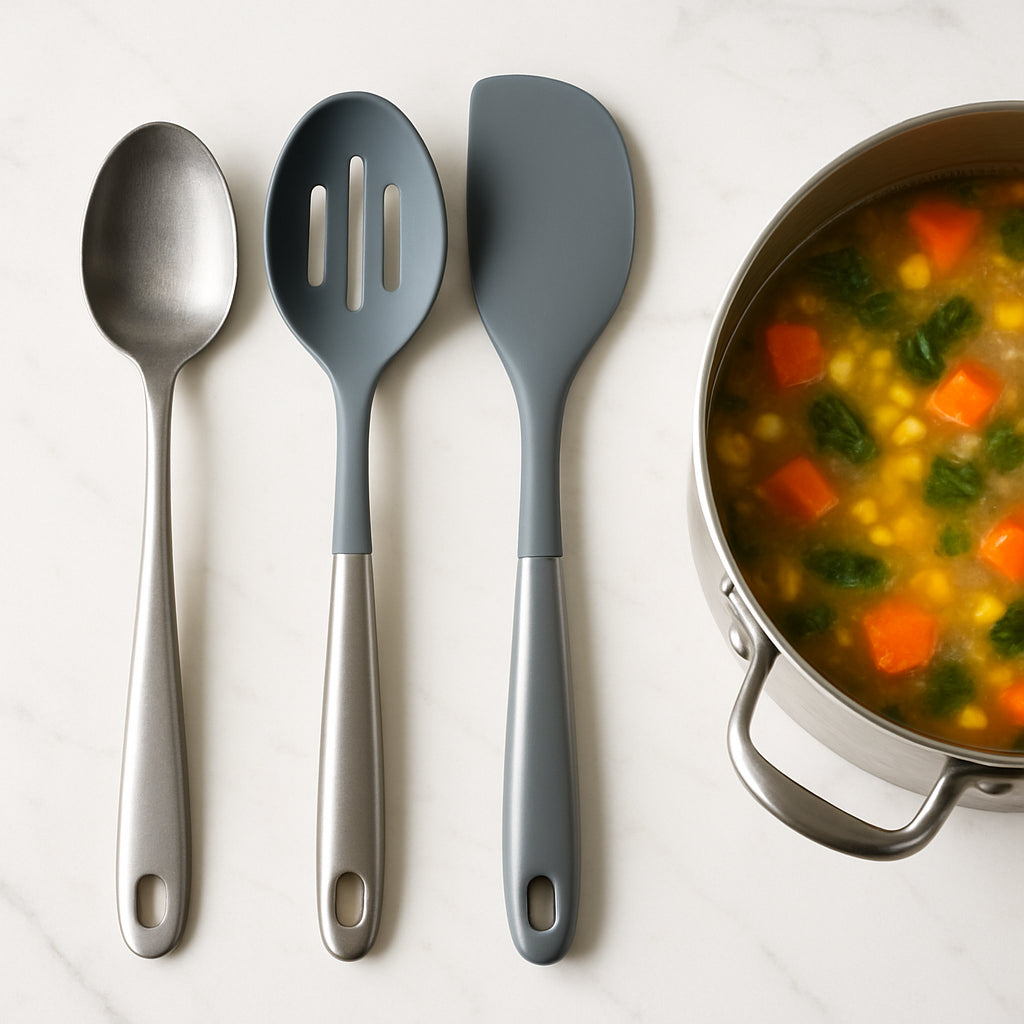 A bright kitchen countertop showing a solid stainless-steel spoon, a silicone slotted spoon, and a flexible spoonula arranged neatly next to a pot of simmering soup. Alt: Essential cooking spoons for a cheap kitchen utensil set.