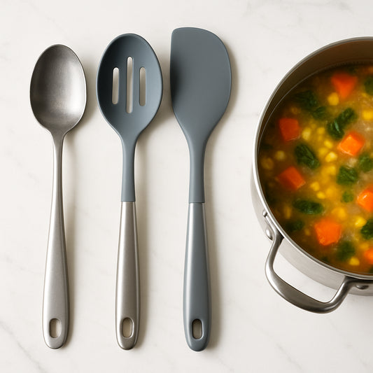A bright kitchen countertop showing a solid stainless-steel spoon, a silicone slotted spoon, and a flexible spoonula arranged neatly next to a pot of simmering soup. Alt: Essential cooking spoons for a cheap kitchen utensil set.