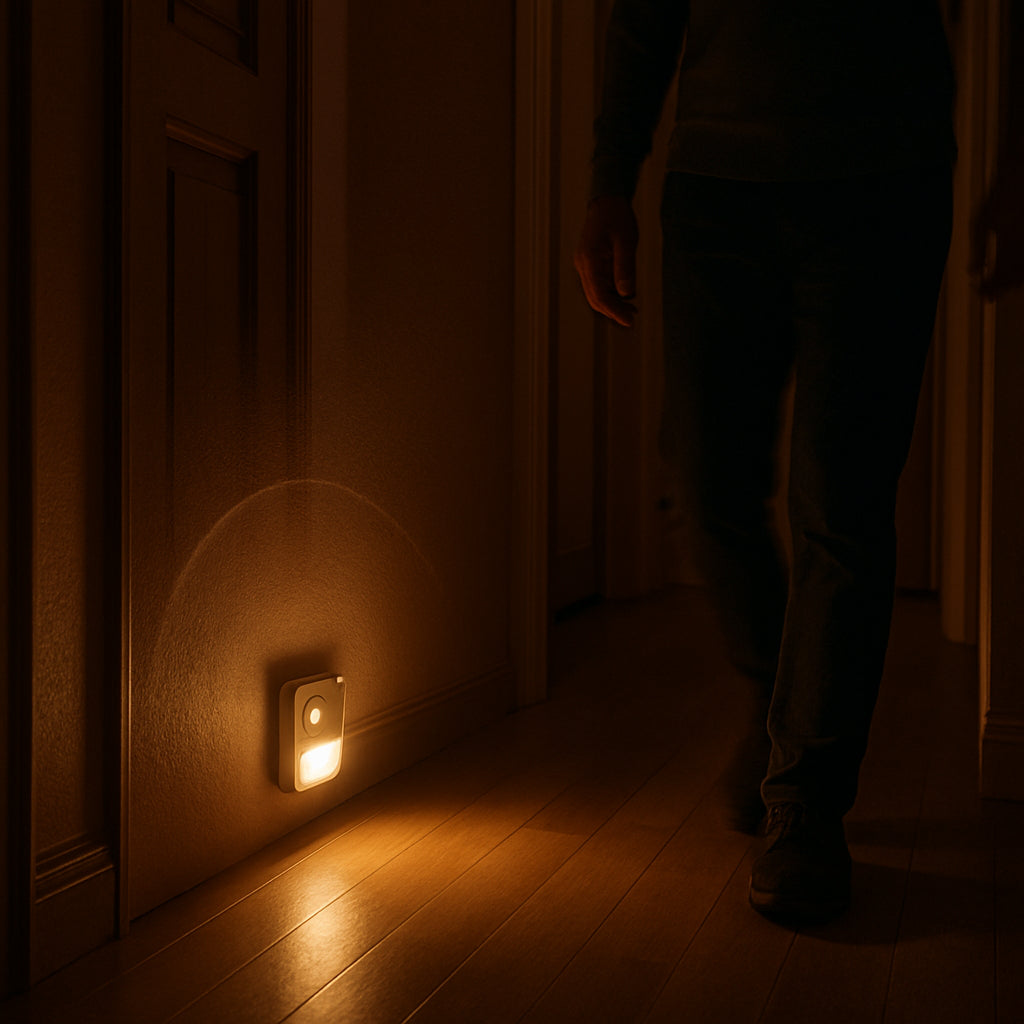 A warm, dimly lit hallway with a cheap led motion sensor night light glowing as a person walks past, showing the sensor's detection range and LED illumination. Alt: cheap led motion sensor night lights illuminate dark hallways safely