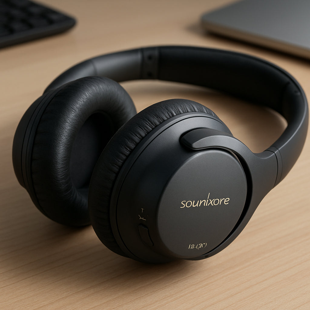 A close‑up of the Anker Soundcore Life Q20 headphones on a desk, showing the soft ear cushions and the ANC toggle button. Alt: Anker Soundcore Life Q20 cheap noise cancelling headphones on a work desk.