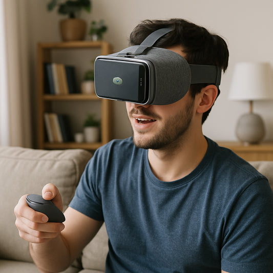 A casual living‑room scene with a person wearing a lightweight Android VR headset, phone tucked inside, and a Bluetooth controller in hand. Alt: cheap virtual reality headset on Android phone with controller.