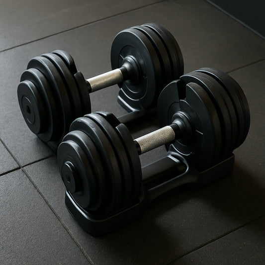 A compact set of adjustable dumbbells on a small home gym floor, showing weight plates sliding into the handles. Alt: Adjustable dumbbells for budget home gym equipment