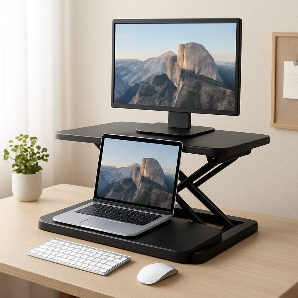 A compact standing desk converter on a small home office desk, showing a laptop and a single monitor on the raised platform. Alt: standing desk converter cheap small space solution