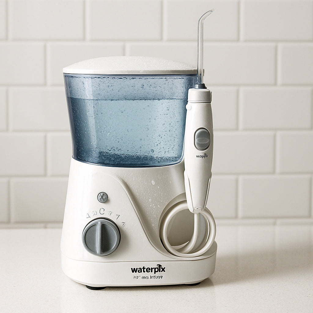 A sleek Waterpik Aquarius water flosser on a white bathroom countertop, water droplets glistening off the reservoir. Alt: Budget water flosser on countertop with reservoir.
