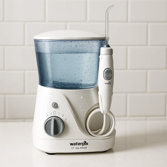A sleek Waterpik Aquarius water flosser on a white bathroom countertop, water droplets glistening off the reservoir. Alt: Budget water flosser on countertop with reservoir.