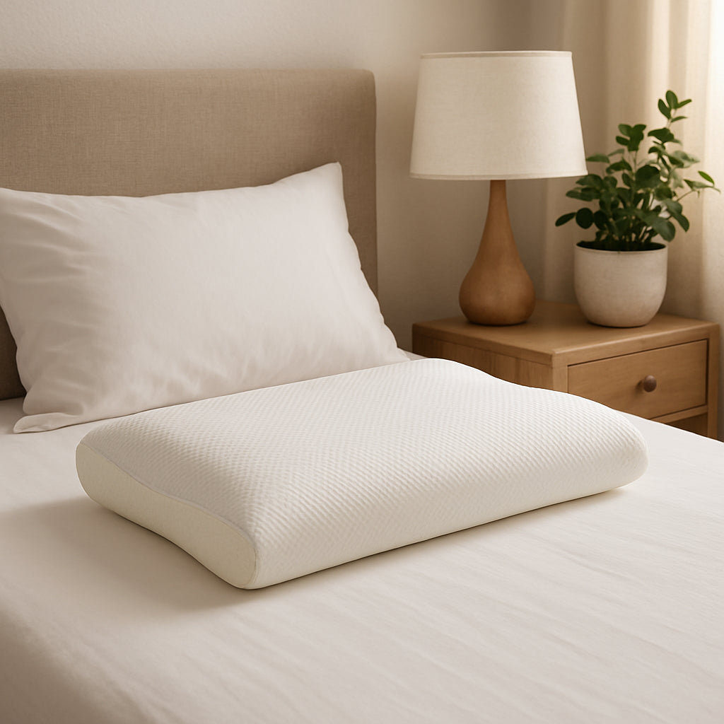 A cozy bedroom scene with a budget-friendly memory foam pillow on a simple white bed, showing the pillow’s contour and breathable cover. Alt: cheap memory foam pillow on a bed