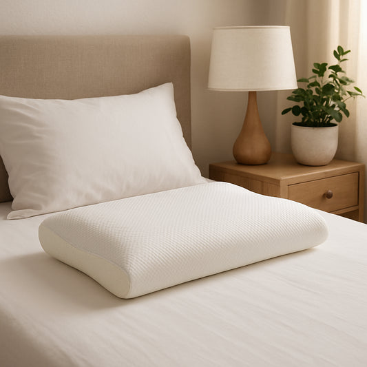 A cozy bedroom scene with a budget-friendly memory foam pillow on a simple white bed, showing the pillow’s contour and breathable cover. Alt: cheap memory foam pillow on a bed