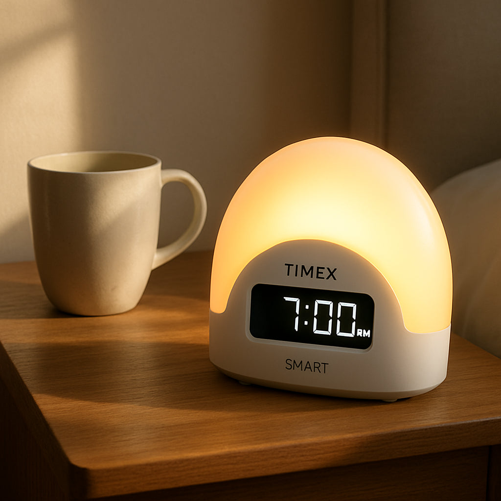 A Timex Smart Sunrise Alarm Clock on a nightstand, soft morning light spilling over a coffee mug. Alt: Timex budget sunrise alarm clock on bedside table.