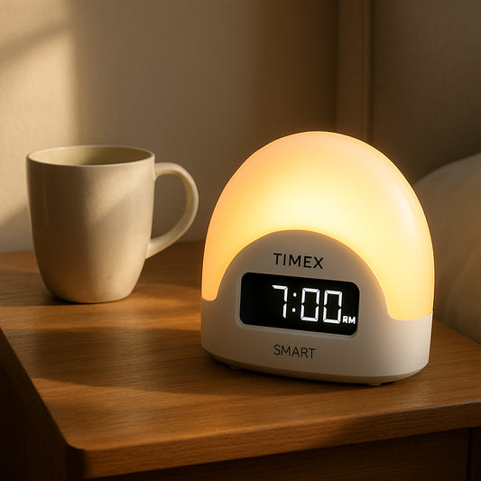 A Timex Smart Sunrise Alarm Clock on a nightstand, soft morning light spilling over a coffee mug. Alt: Timex budget sunrise alarm clock on bedside table.