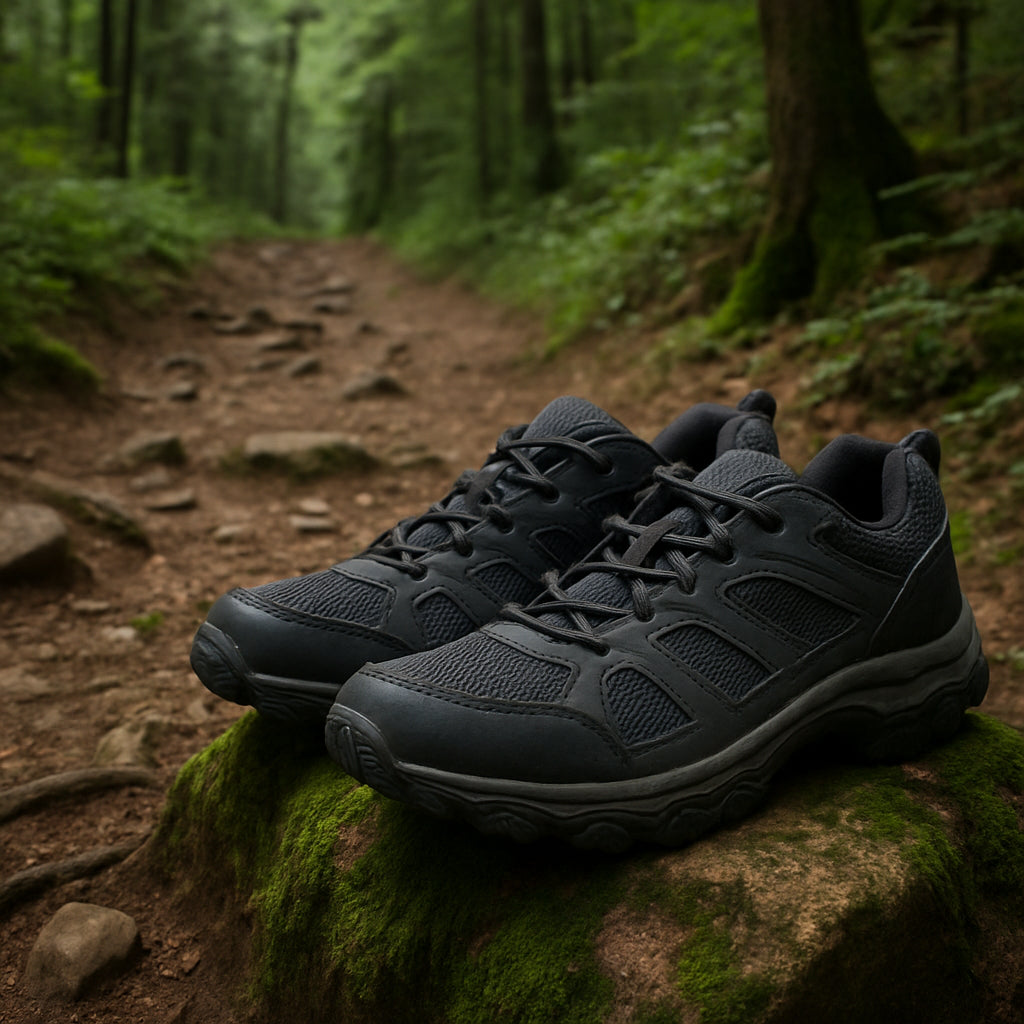 A rugged forest trail with a pair of budget hiking shoes perched on a mossy rock. Alt: cheap hiking shoes on a forest trail, showing grip and breathable mesh.
