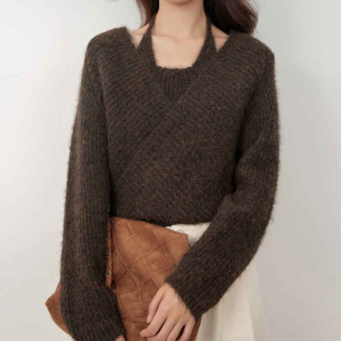 Dark Coffee V-Neck Cropped Fluffy Knit Sweater Women's S-XL