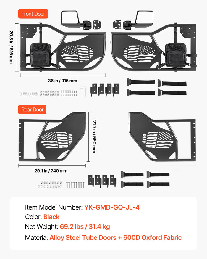 Jeep Tube Doors, 4-Door, Fit For 2018-2026 Jeep Wrangler JL & 2020-2026 Gladiator JT, Flag Pattern Off Road Front & Rear Tubular Half Doors With DOT Certified Side View Mirrors And Storage Bag