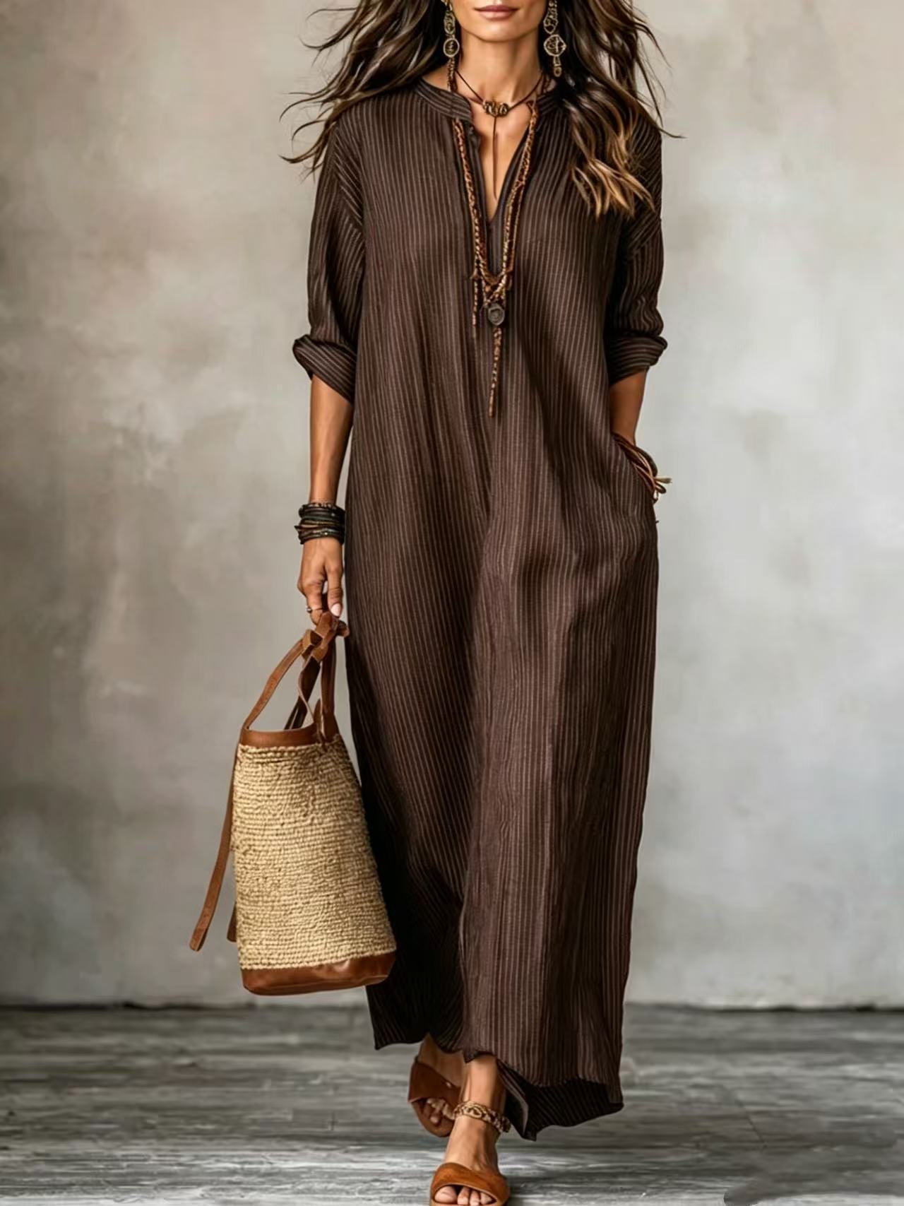 Fashionable V-neck Striped Loose-fit Dress