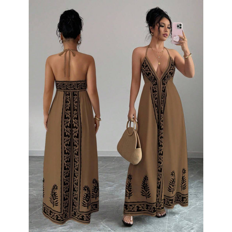 Printed V-neck Backless Long Slip Dress