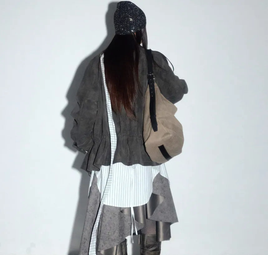 PU Leather Utility Jacket With Pockets Drawstring And A Lambswool Lining