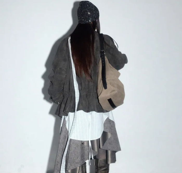 PU Leather Utility Jacket With Pockets Drawstring And A Lambswool Lining