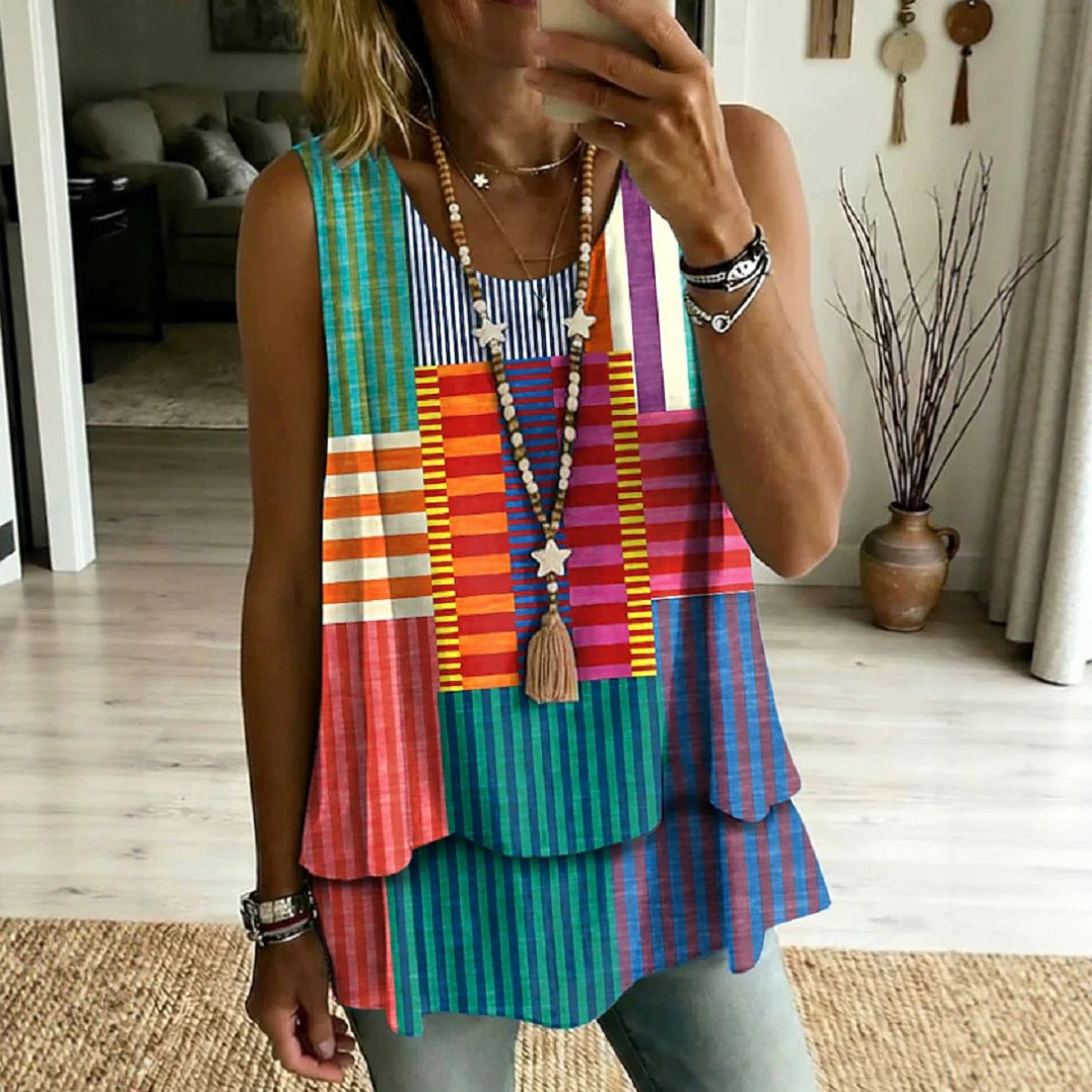 Printed Geometric Casual Sleeveless Crew-Neck Womens T-Shirt