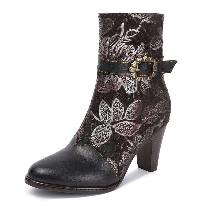 Women's Ethnic Leather Ankle Boots — Floral Embossed Block Heel