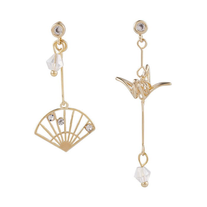 Thousand Paper Crane Folding Fan Antique Earrings Personality Asymmetrical Earrings