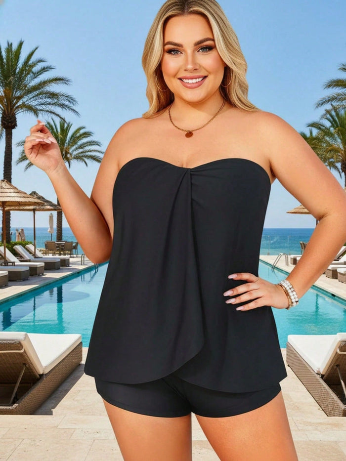 2026 Elegant Bandeau Tankini For Plus Size - Black Flowy Peplum Top, Modest Shorts, Comfortable Beach Vacation Swimwear