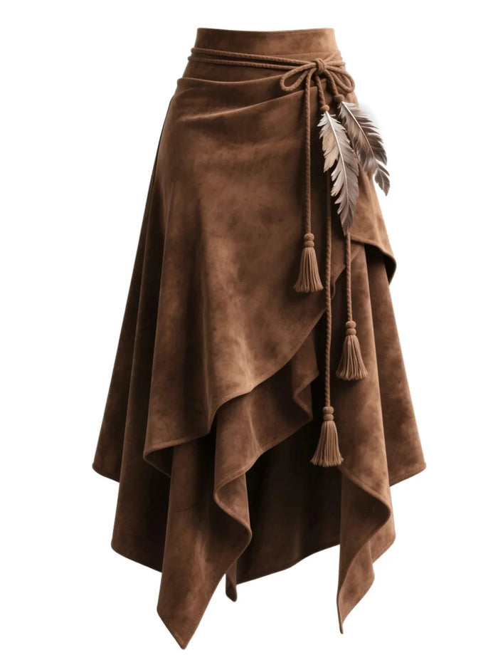 2025 Maillard Coffee-Colored Suede Skirt For Women, Autumn Irregular Tie Slimming A-Line Mid-Length Skirt
