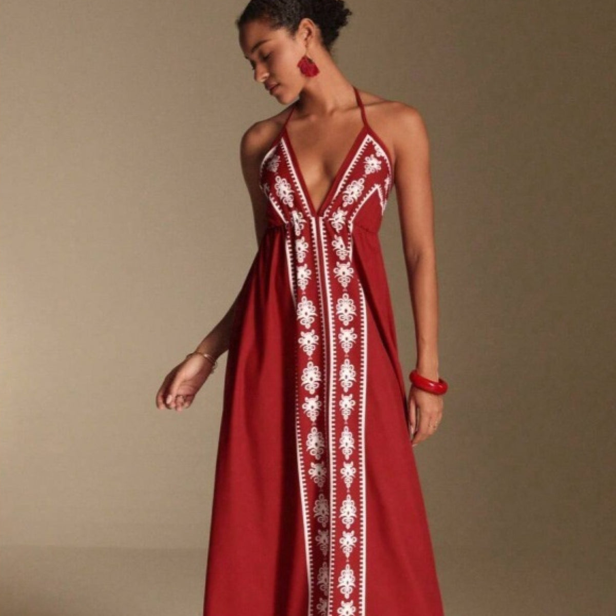 Printed V-neck Backless Long Slip Dress