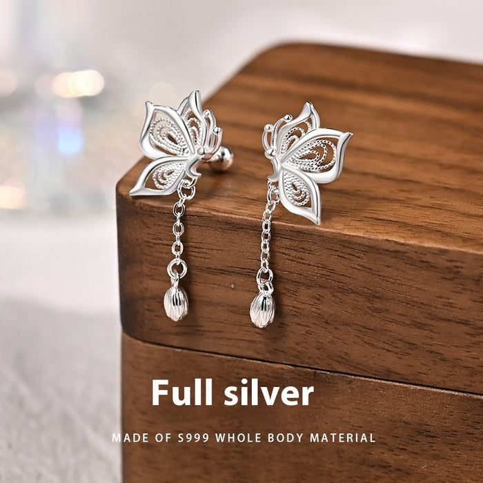 S999 Sterling Silver Butterfly Tassel Earrings
