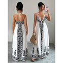 Printed V-neck Backless Long Slip Dress